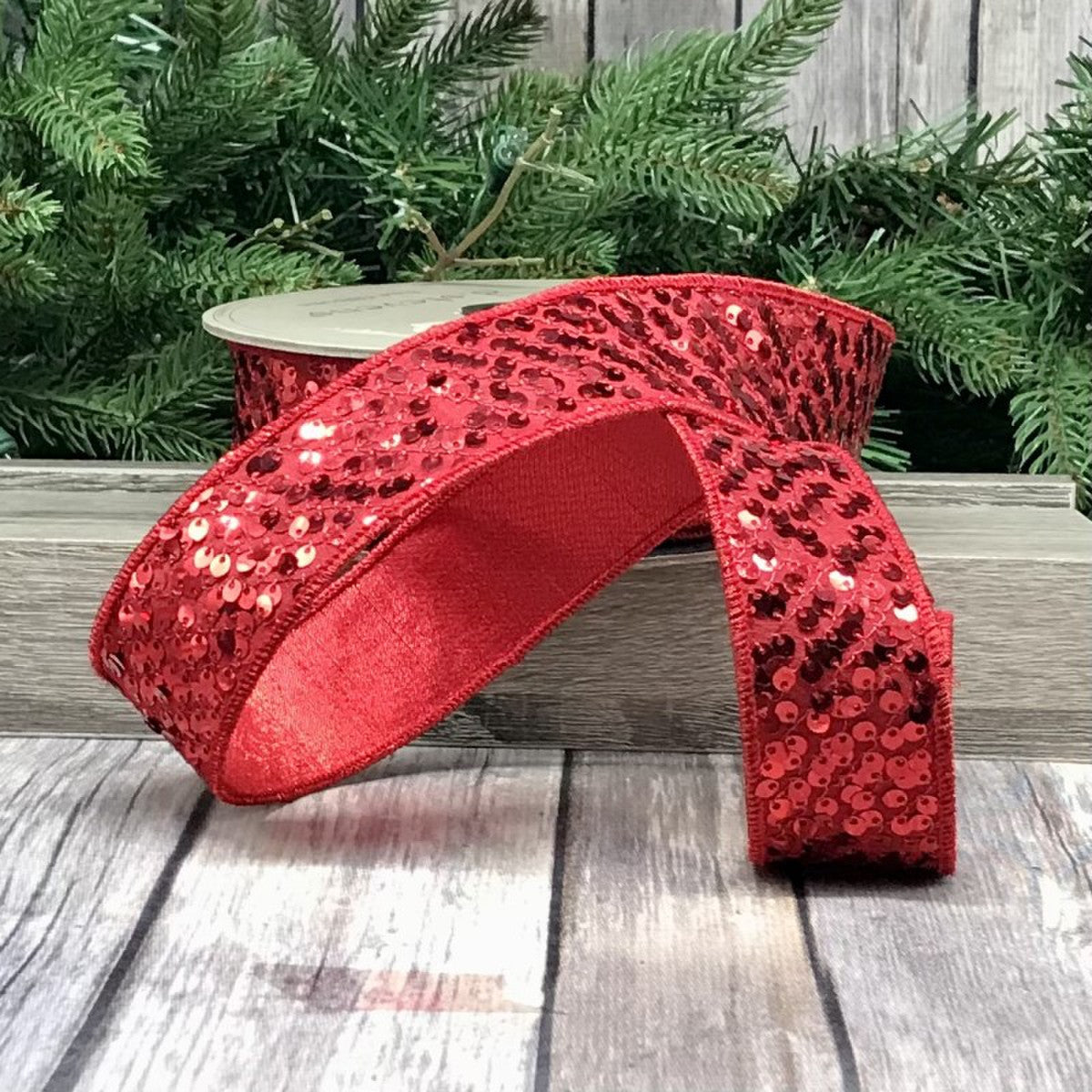 1.5" x 10yds sequins metallic red back, red