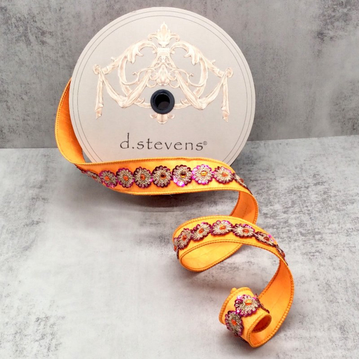 1.5" x 10yds dupion gold hot pink trim, orange