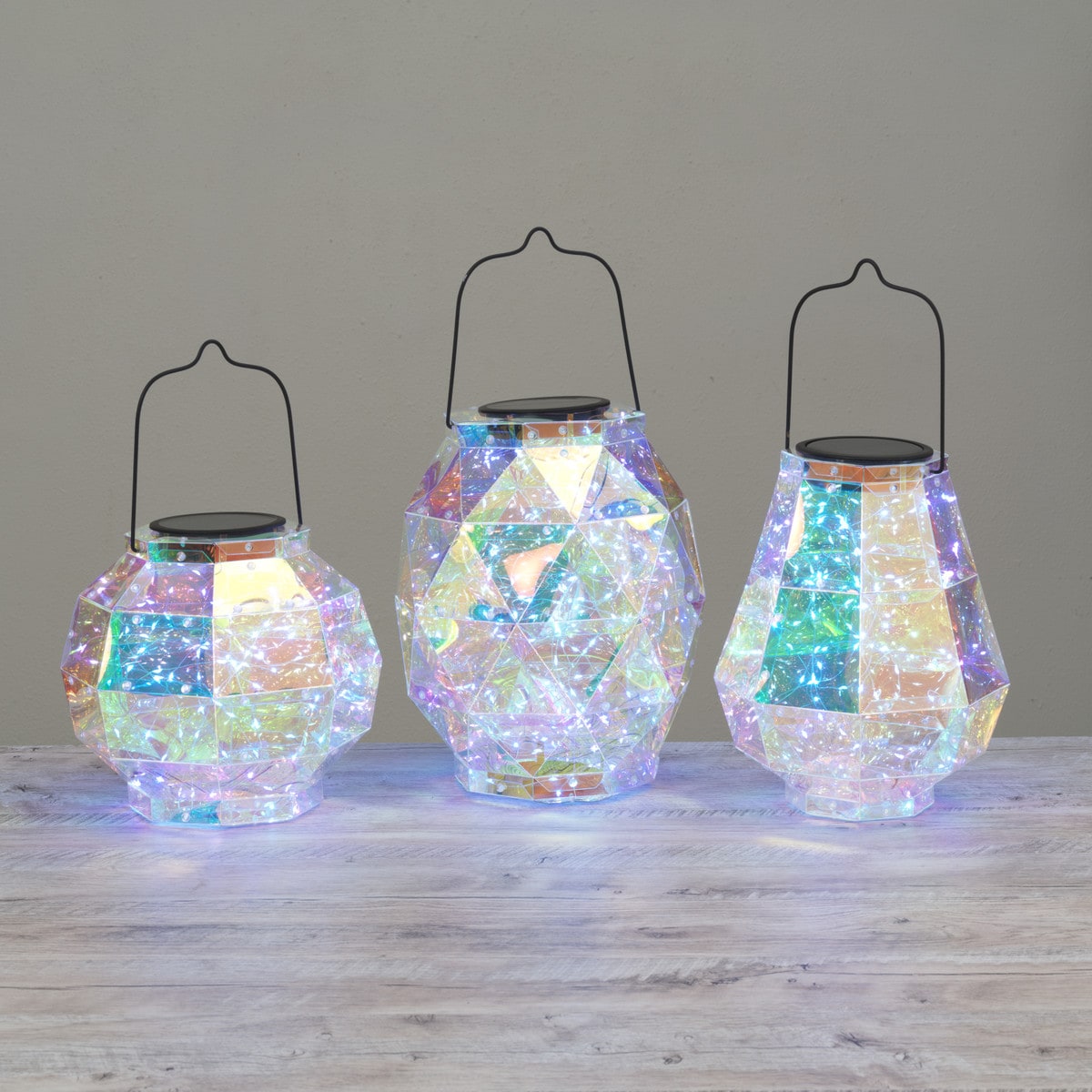 SET OF 3 - Solar Lighted Iridescent LED Holographic Lanterns