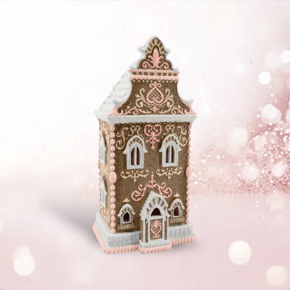16" Pink Gingerbread LED Manor House