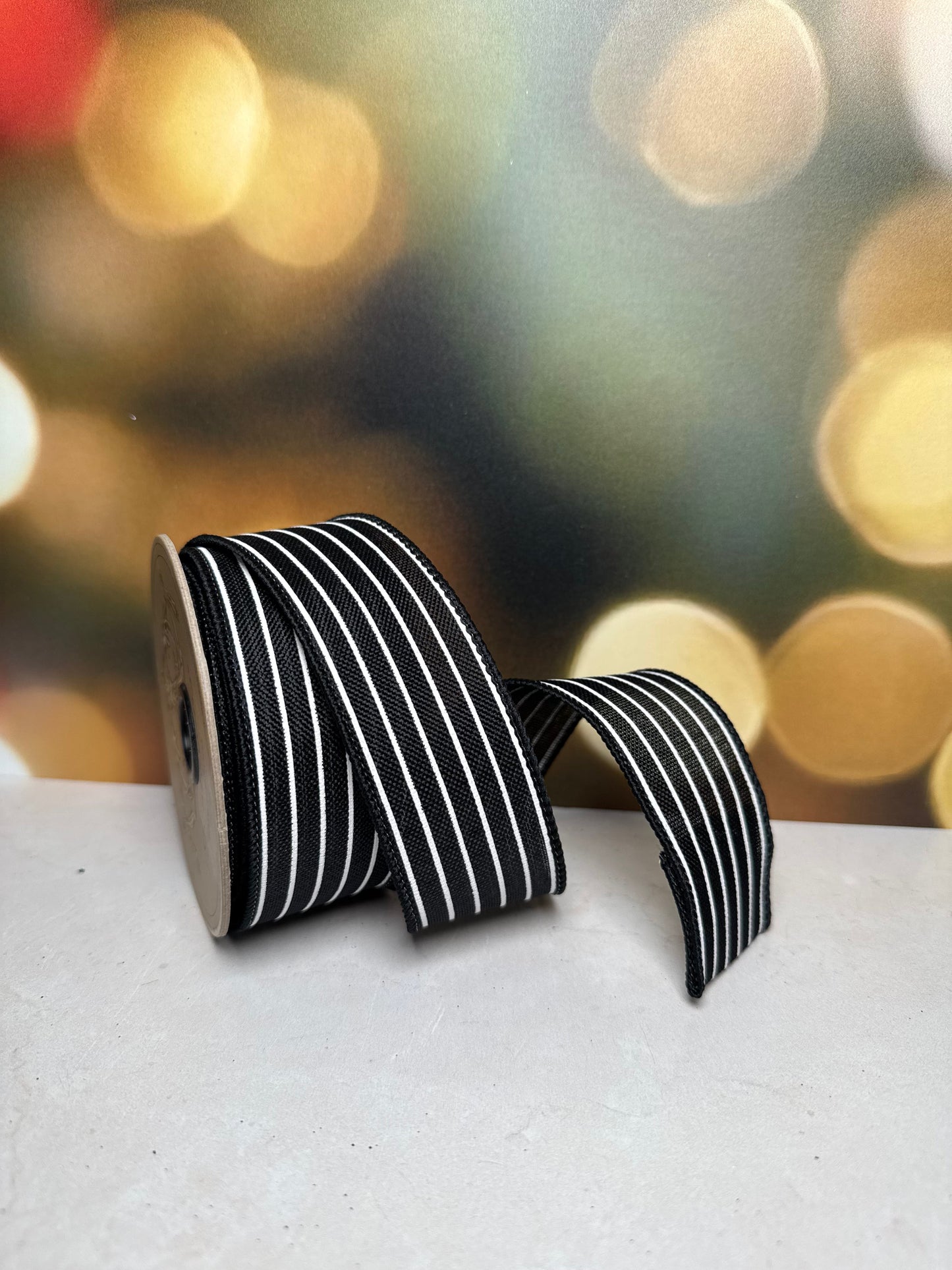 1.5" x 10 yds faux linen, mini stripe, black-white