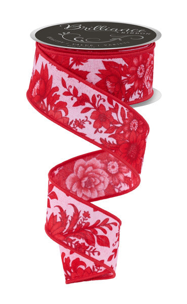 1.5"X10YD CHINOISERIE FLORALS LIGHT PINK/MULTI RED