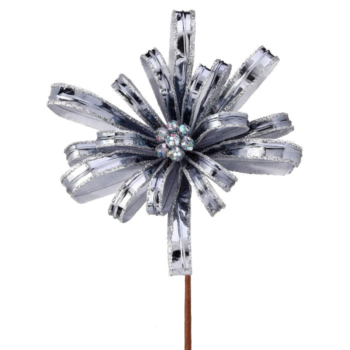 18"SHINY SILVER VELVET W/GLTTER RIBBON BLOSSOM STEM