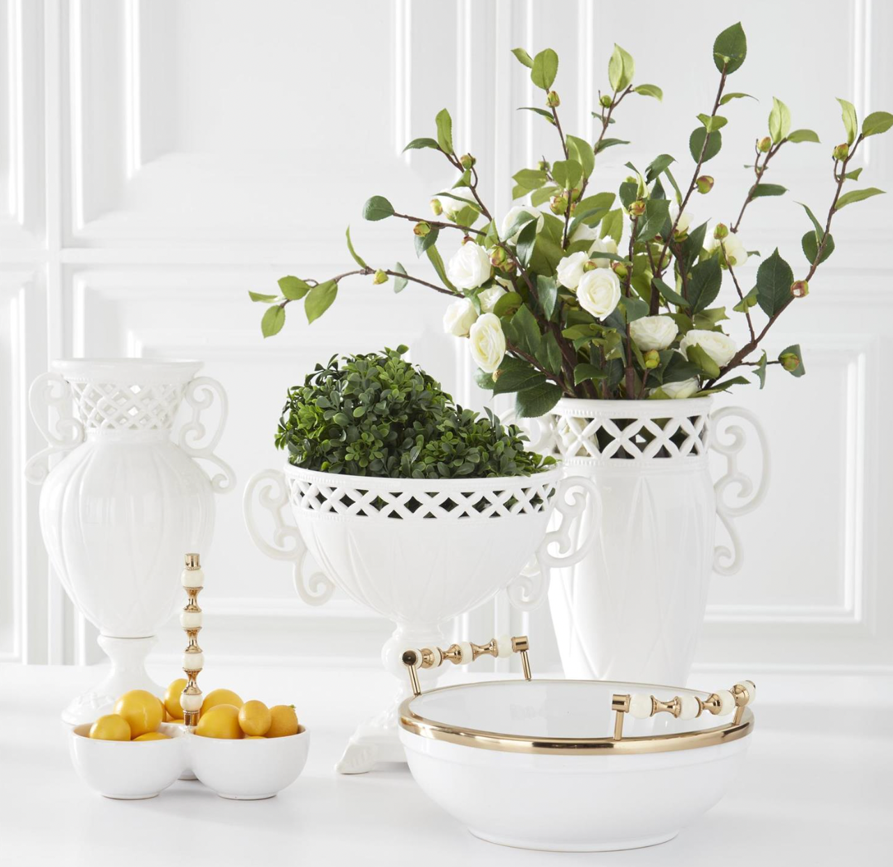 Set of 3 White Ceramic Vases w/Ornate Rim