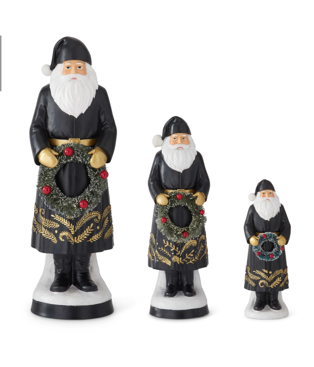 ROYAL COURT - Set of 3 Resin Black Coat Santas Holding Bottle Brush Wreath