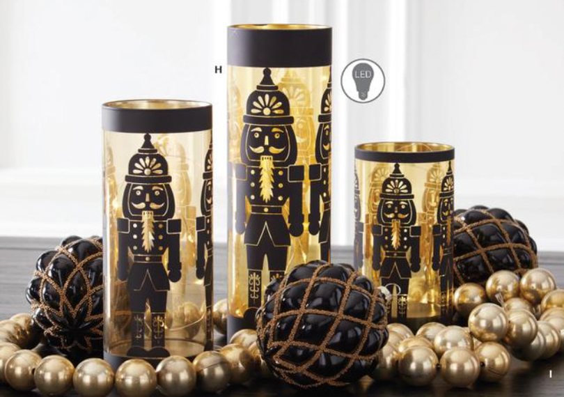 ROYAL COURT - Black Glass LED Nutcracker Cylinder Lanterns w/Timer - SET OF 3