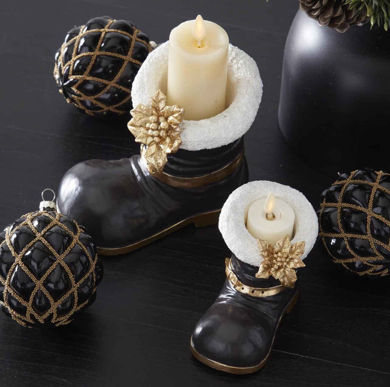 Royal Court Collection - 6.25" Black Santa Boot w/White Trim & Gold Poinsettia