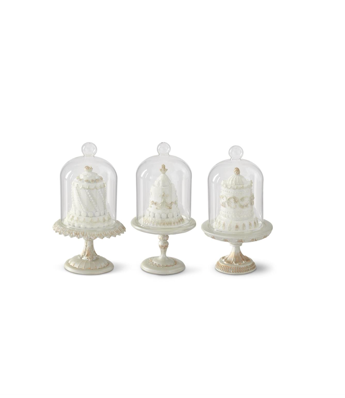 Santa's Sweet Shoppe Collection - 7.5" Glittered White Resin Cake on Silver Stand Glass Cloche - SET OF 3