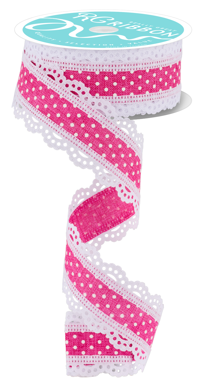 1.5" x 10yd Raised Swiss Dots W/Lace Fuchsia with White