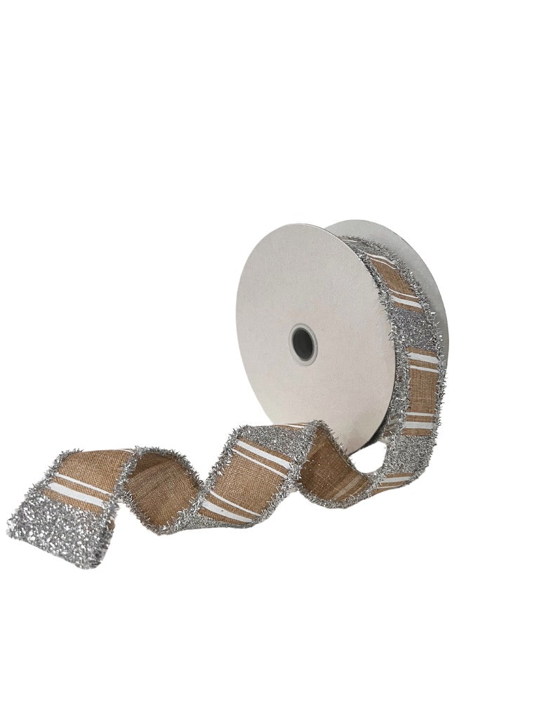 1.5"X10YD MULTI STRIPE/BOLD GLTTR/TINSEL-LT BEIGE/SILVER/WHITE