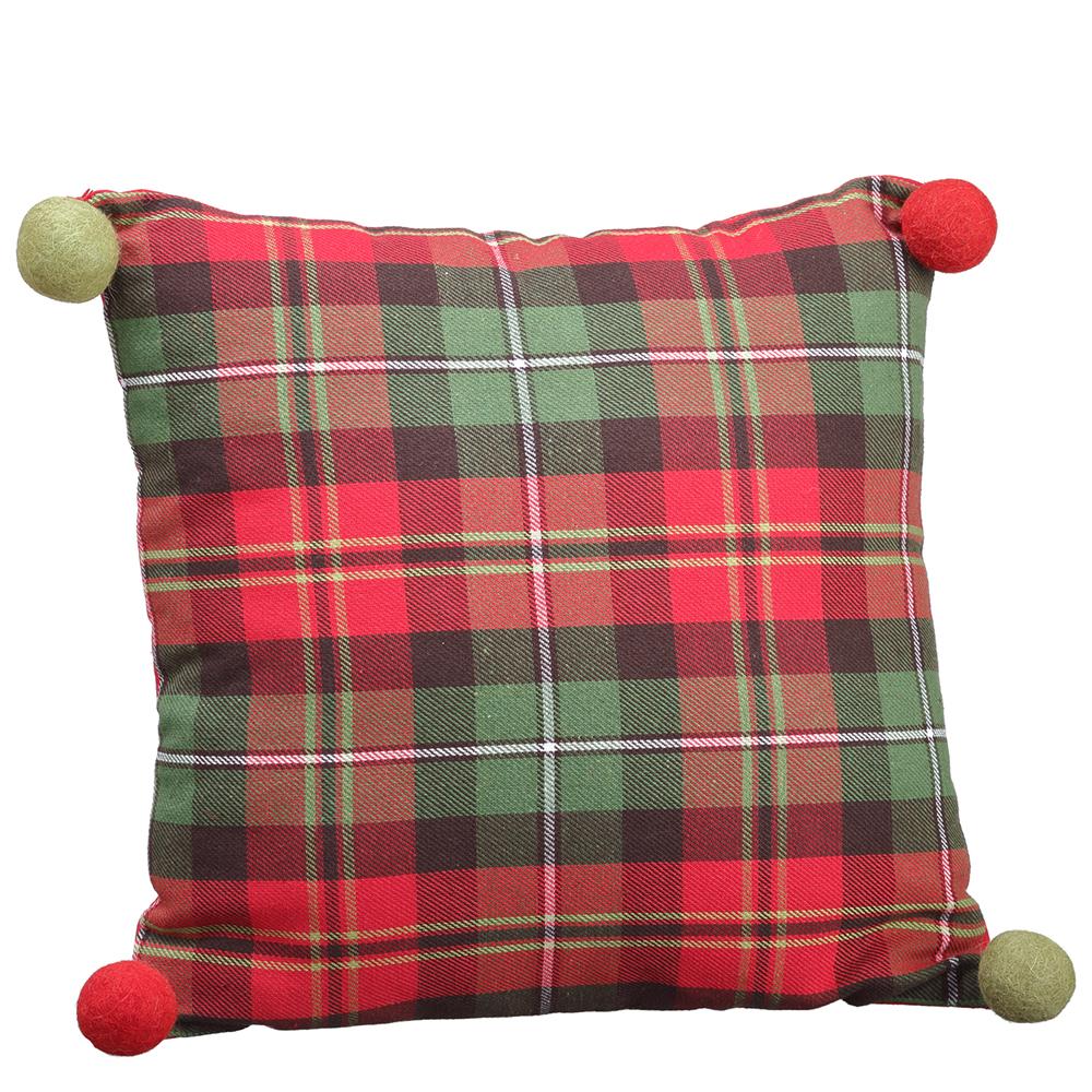 Christmas Carousel Collection - 16"Wx16"L Plaid Pompon Pillow