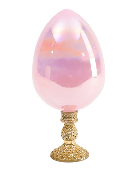 13" Pink Iridescent Glass Egg On Pedestal