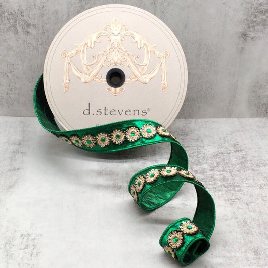 1.5" x 10yds metallic dupion gold green sequin trim, emerald green
