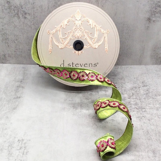 1.5" x 10yds metallic dupion gold hot pink sequin trim, apple green