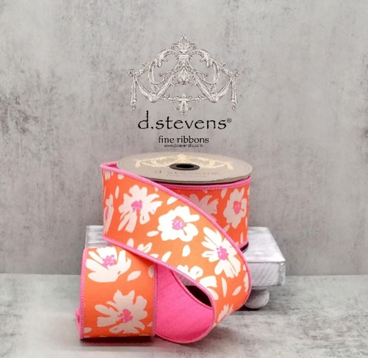 2.5" x 10yds dupion hand drawn abstract daisies, orange hot pink