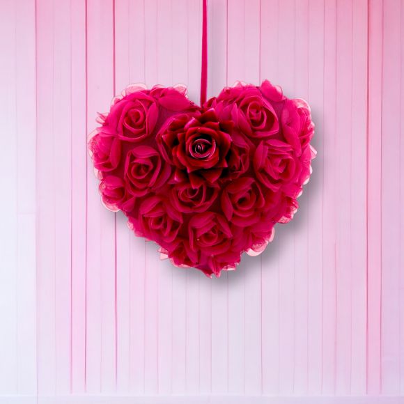 9" Cupid's Valentine Hanging Pink Rose Heart