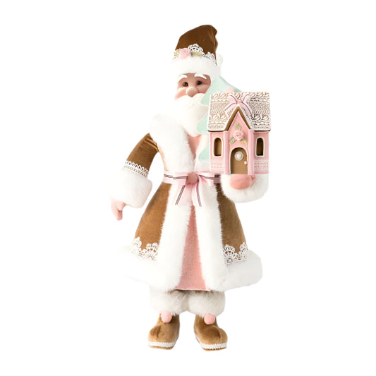 48" Pink Gingerbread Santa With Gingerbread House