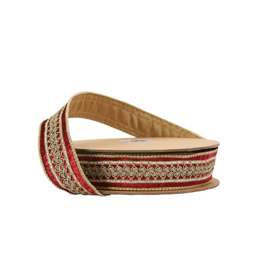 1.5"X10 YARDS DOUBLE FUSED WIRED VELVET METALLIC BURGUNDY/GOLD