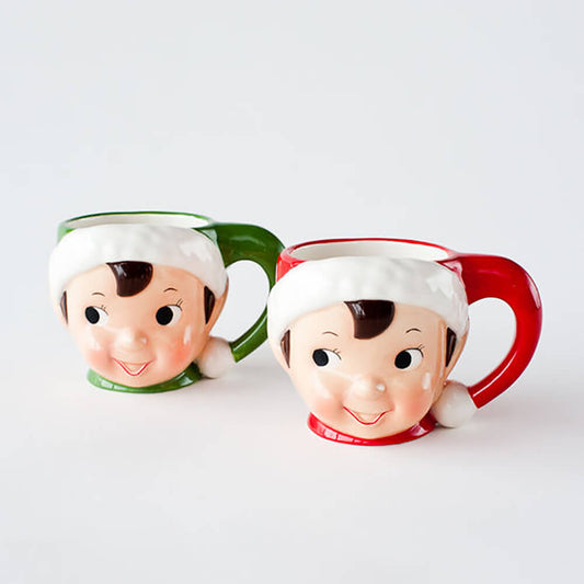 Red & Green Retro Elf Mugs (Set of 2)