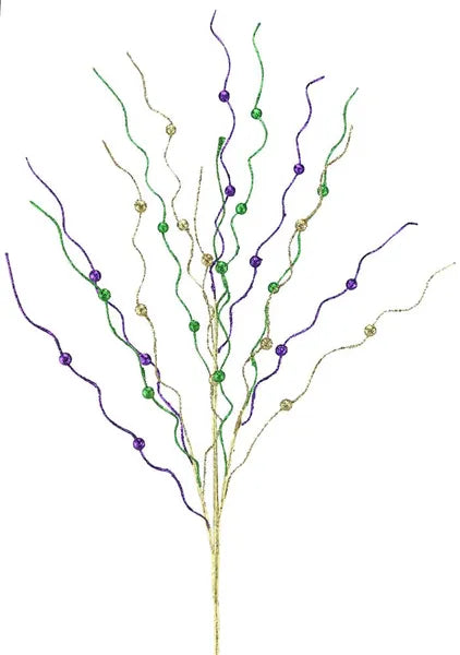 33"L GLITTER CURLY TWIG/BEAD SPRAY MARDI GRAS