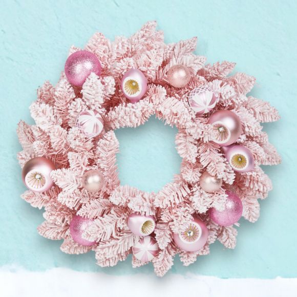 December Diamonds Retro 23" Pink Wreath with Pink Ornaments