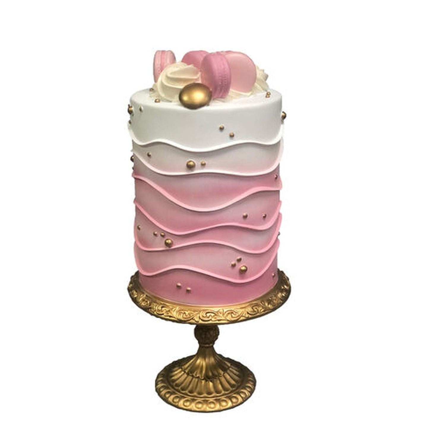 December Diamonds Spring Confections 20" Pink Cake With Macaron On Gold Pedestal.