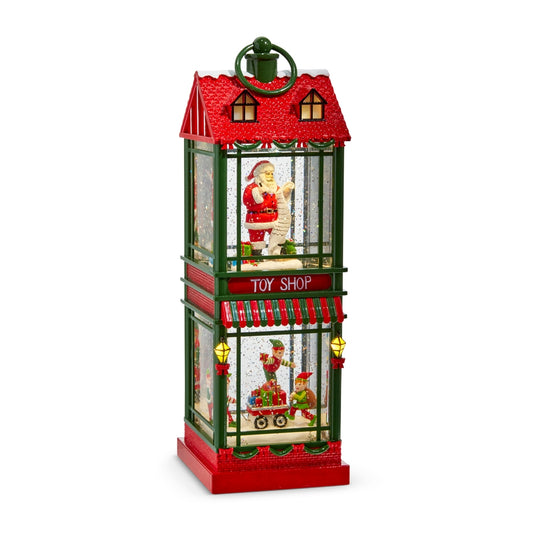 Christmas Carousel Collection - 13" Santa and Elves Lighted Water Two Story Toy Shop