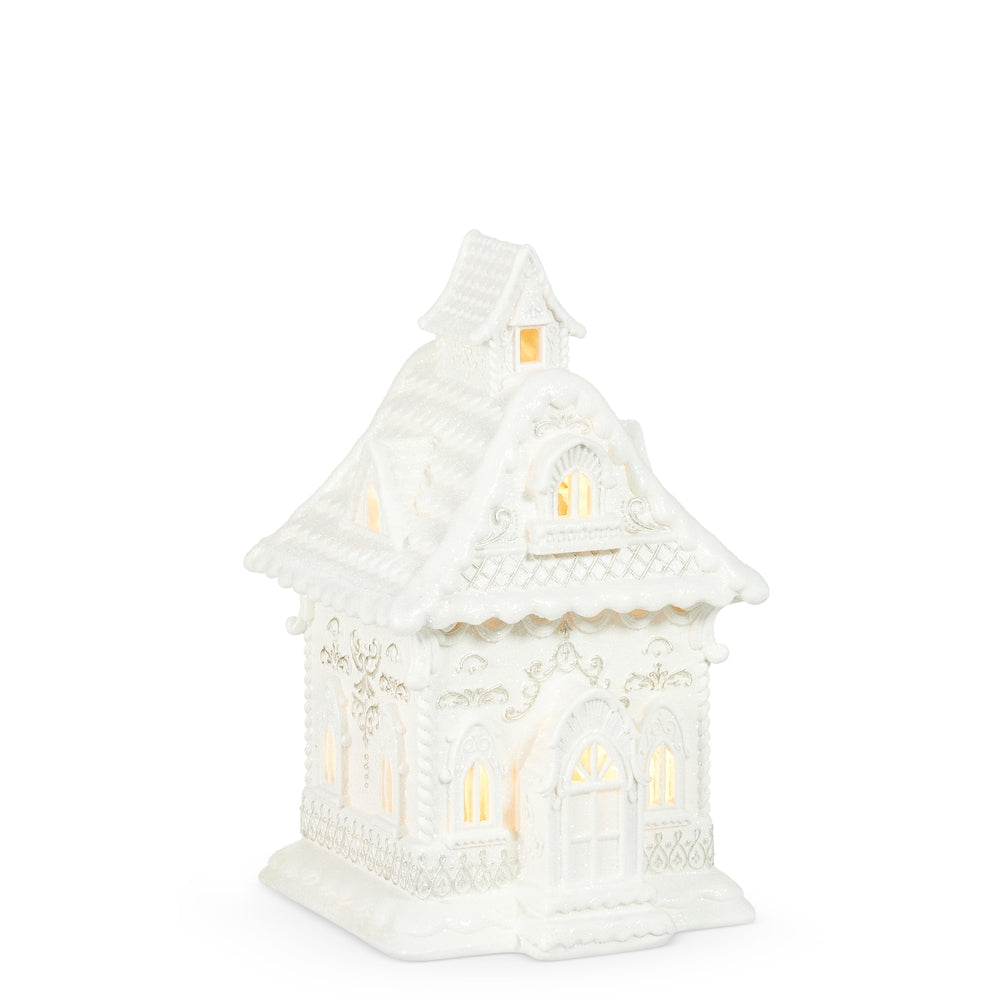 13.5" Lighted White Gingerbread House with Pearls