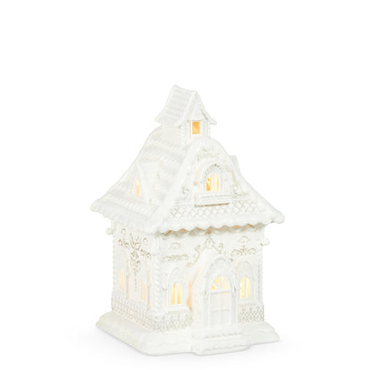 13.5" Lighted White Gingerbread House with Pearls
