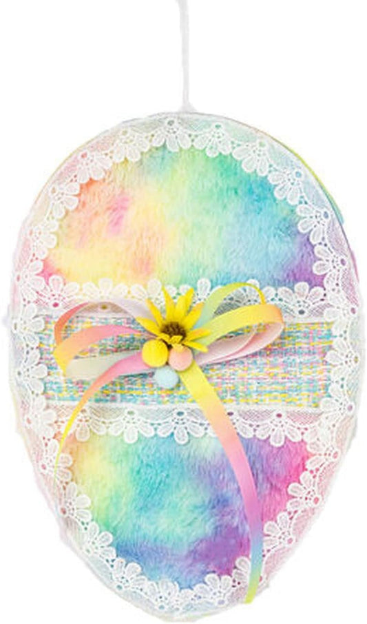 Cotton Candy Land Rainbow Hanging Shaped Egg with Trim and Bow - Easter Decoration