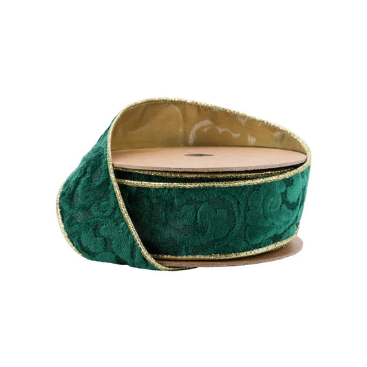 1.5" x 10 yards Wired Reversible Velvet Ribbon Green Floral Embossed w/ Gold Backing