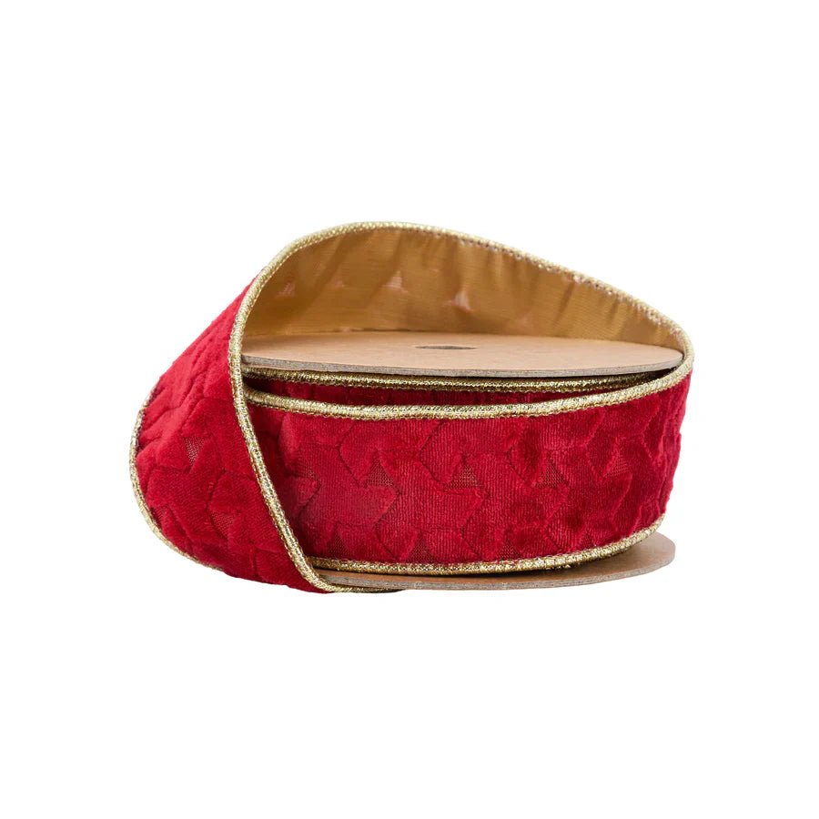 1.5" x 10 yards Wired Velvet Ribbon Red Geometic Embossed with Gold Backing