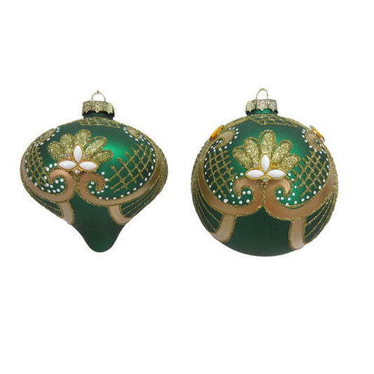 December Diamonds Winter Melody Set Of 2 Assortment Green/Gold Baroque Ornaments