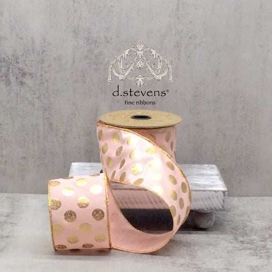 2.5" x 10yds faux dupion gold metallic polka dot, light peach