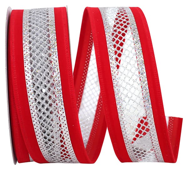 1.5" X 10 yds VELVET MESH MIDDLE WIRED EDGE Red/Silver