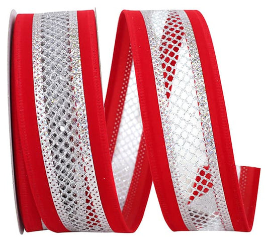 1.5" X 10 yds VELVET MESH MIDDLE WIRED EDGE Red/Silver