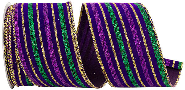 2.5"X10 YARDS VELVET STRIPE MARDI GRAS WIRED EDGE MULTI