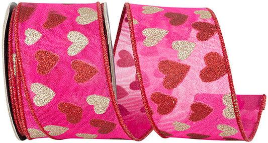 2.5" by 10 yds GLITTER HEARTS SILK MESH DELUXE WIRED EDGE
