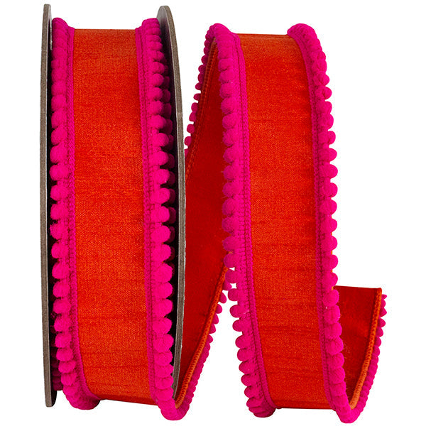 1.5" X 5 YRDS POM POM MINI EDGE TRIM DUPIONI DELUXE WIRED EDGE RIBBON ORANGE/FUCHSIA