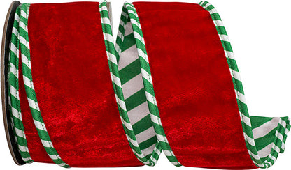 2.5" X 5 YARDS STRIPED TICKING PLUSH VELVET DELUXE WIRED EDGE RIBBON RED/GREEN