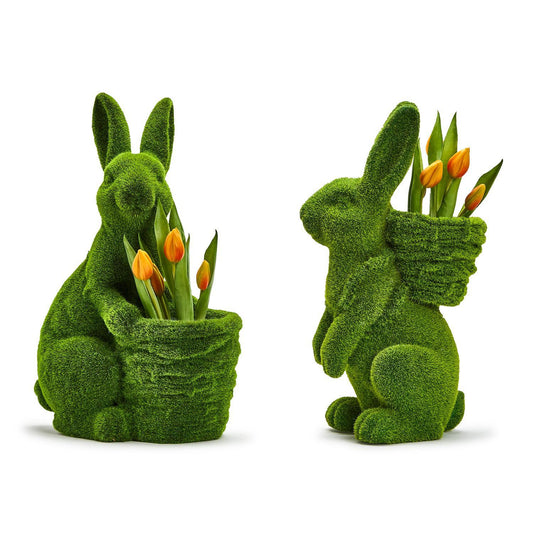 17" Hoppy Easter Faux Moss Easter Bunnies with Baskets - SET OF 2