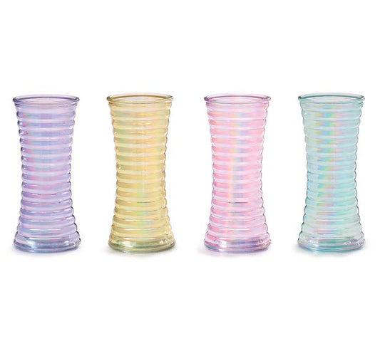 10" GLASS IRIDESCENT HOURGLASS RIBBED VASE