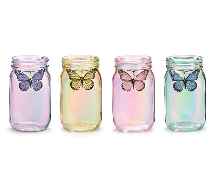 6.5" IRIDESCENT GLASS BUTTERFLY QUART MASON JAR