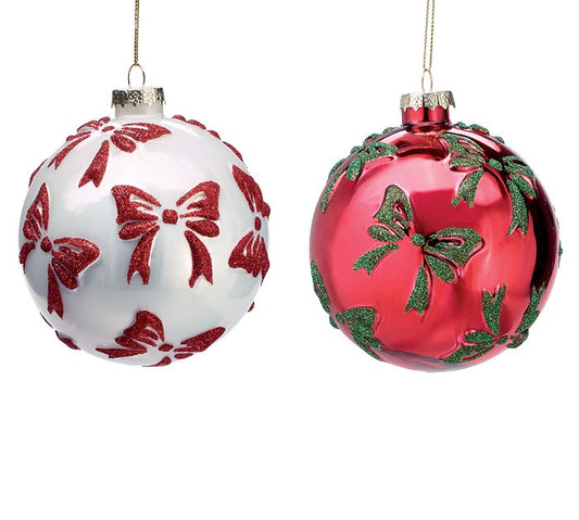 Christmas Carousel Collection - 4" GLASS ROUND ORNAMENT WITH BOWS