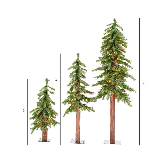 2' 3' 4' Natural Alpine Artificial Christmas Tree Set, Multi-colored LED Lights, Set of 3