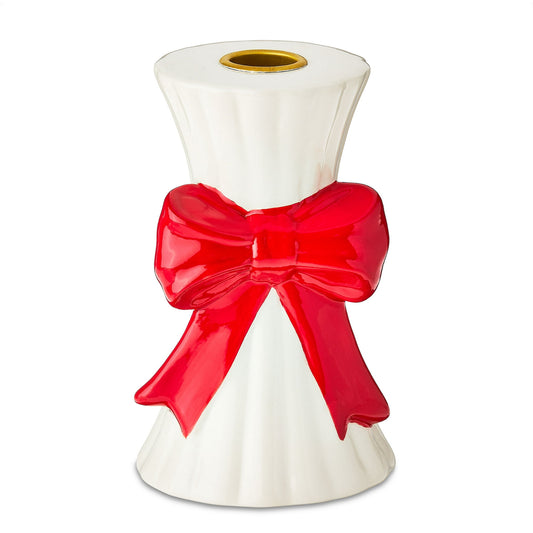 Candy Cane Lane - 5.5" Ceramic Christmas Bow Taper Candle Holder