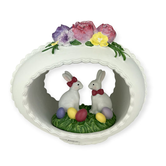 8" BUNNIES IN FLOWER EGG RESIN