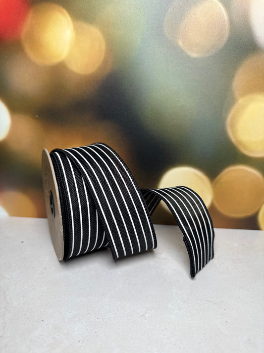 1.5" x 10 yds faux linen, mini stripe, black-white