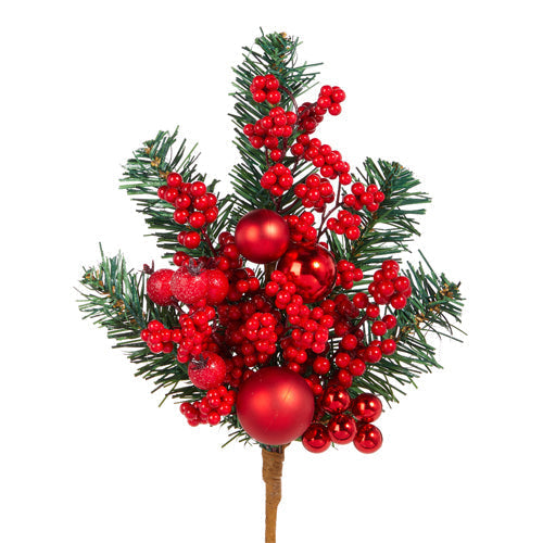 Raz Imports 2023 O Tannenbaum 16" Pine, Red Berry And Ornament Pick