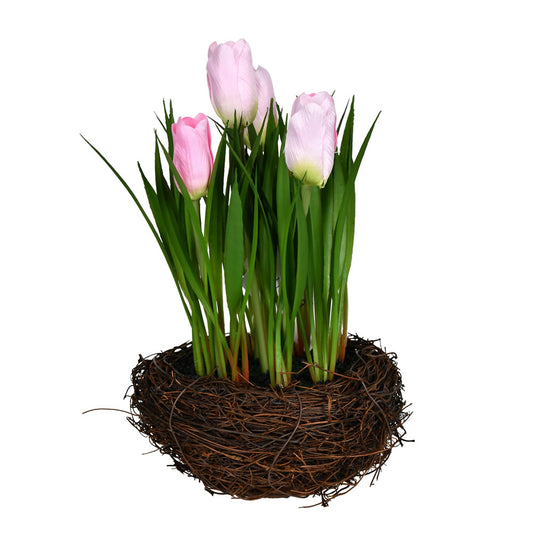 9" Artificial Pink Bird-nest Potted Tulip